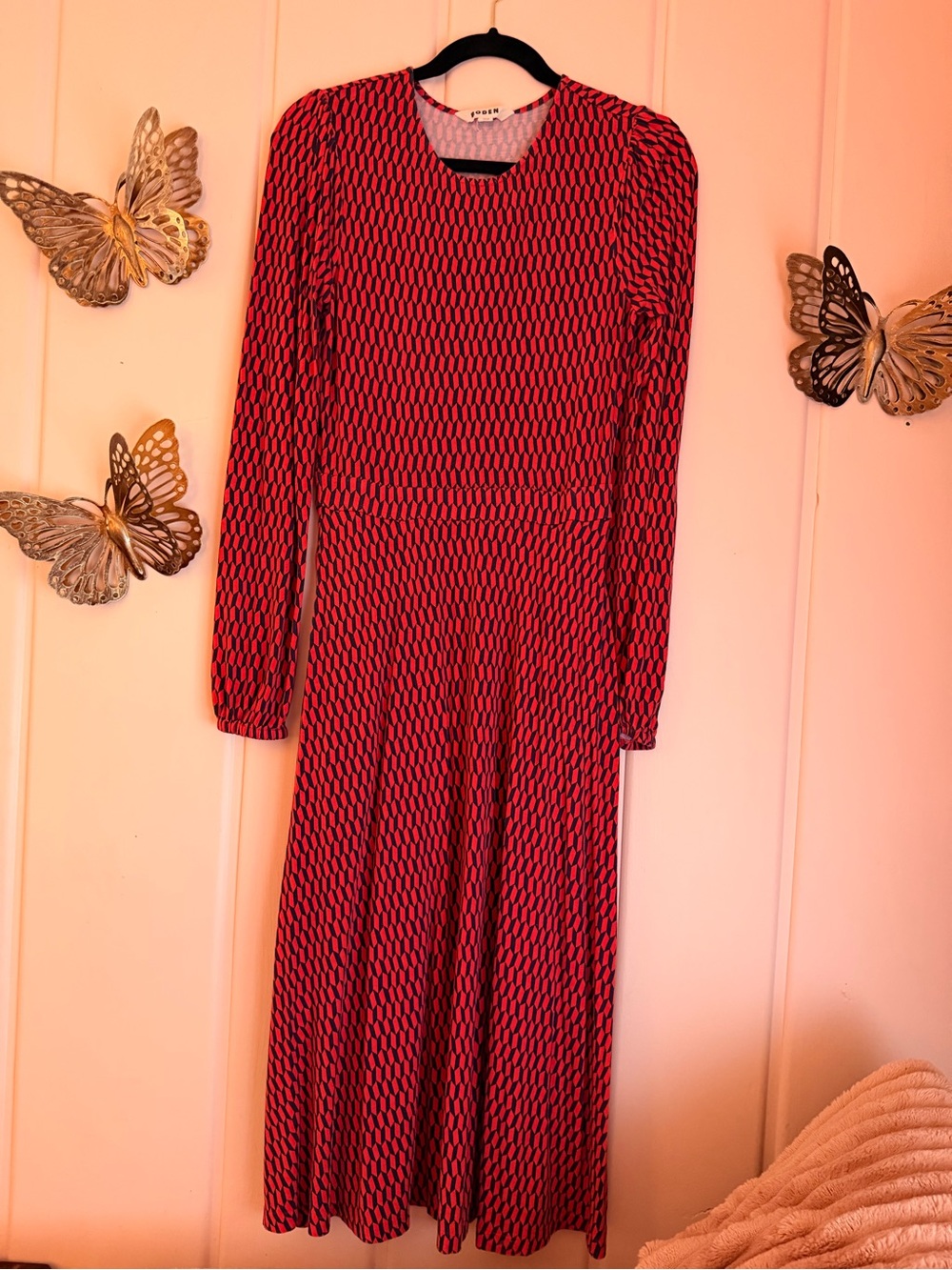 Boden Red and Navy Geometric Long Sleeve Midi Dress sz4R